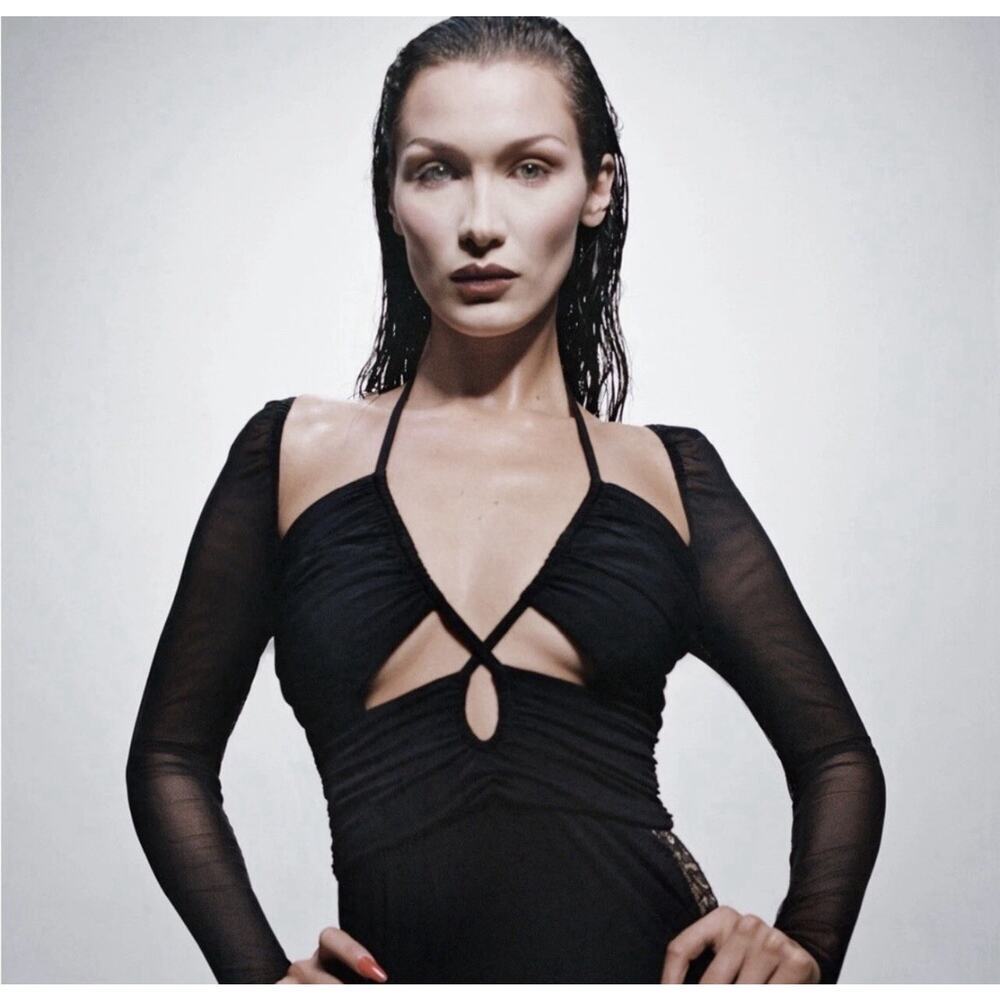 Self Portrait Too Jersey Cut Out Mesh Top Sleeves Black Size 6 Bella Hadid
